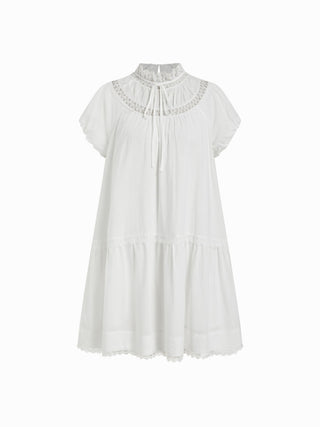 Linen-blend Turtleneck Puff Sleeve Lace Trim Oversized Smock Mini Dress