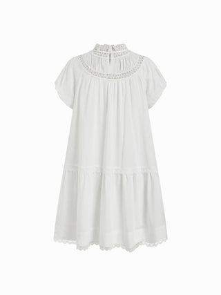 Linen-blend Turtleneck Puff Sleeve Lace Trim Oversized Smock Mini Dress