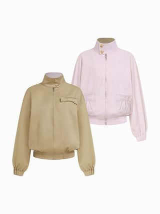 Cotton-blend Turtleneck Lantern Sleeve Bowknot Two Way Oversized Jacket