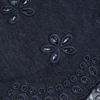 Denim Low Rise Embroidery Floral Scallop Hem Micro Shorts