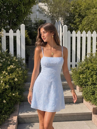 Jacquard Floral Square Neck Ruched A-line Mini Dress