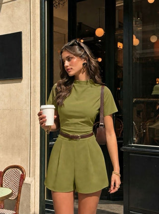 Stand Collar Romper With Belt