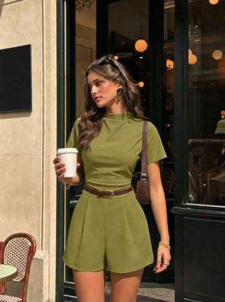 Stand Collar Romper With Belt