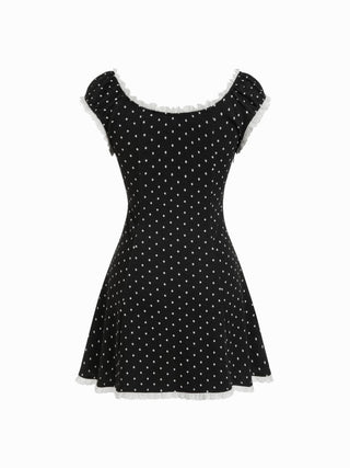 Gingham V-neck Short Sleeve Ruched Lace Trim A-line Mini Dress