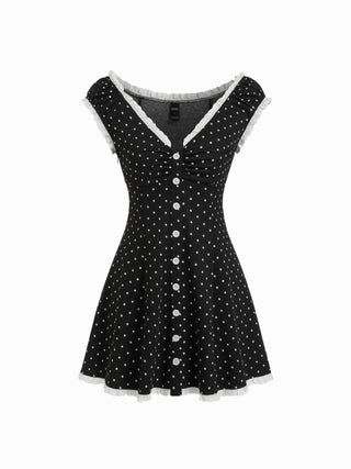 Gingham V-neck Short Sleeve Ruched Lace Trim A-line Mini Dress