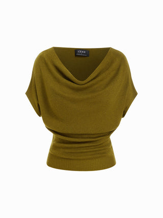 Knit Wool-blend Cowl Neck Draped Ruched Top