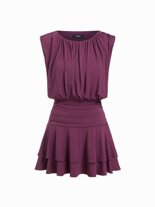High Stretch Boat Neck Ruched Mid Rise A-line Mini Dress