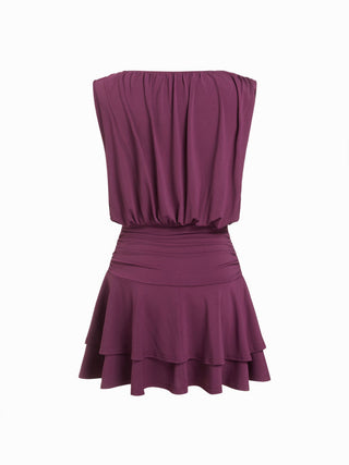 High Stretch Boat Neck Ruched Mid Rise A-line Mini Dress