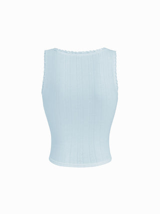 Pointelle Textured Scoop Neck Lace Trim Bowknot Tank Top