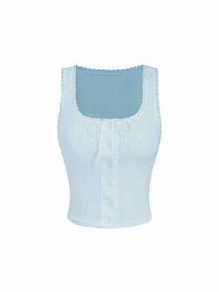 Pointelle Textured Scoop Neck Lace Trim Bowknot Tank Top