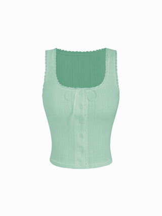 Pointelle Textured Scoop Neck Lace Trim Bowknot Tank Top