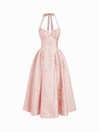 Jacquard Halter Neckline Bowknot Draped Flared Maxi Dress