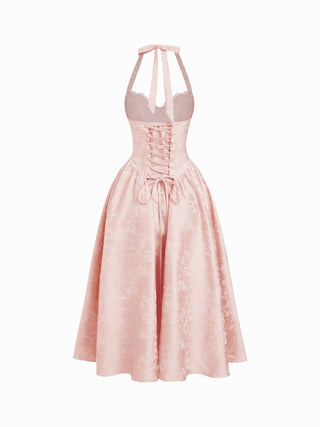 Jacquard Halter Neckline Bowknot Draped Flared Maxi Dress