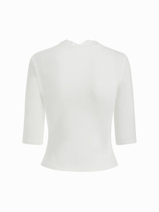 V-neck Mid-length Sleeve Scalloped Lace Trim Tee