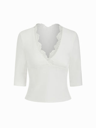 V-neck Mid-length Sleeve Scalloped Lace Trim Tee