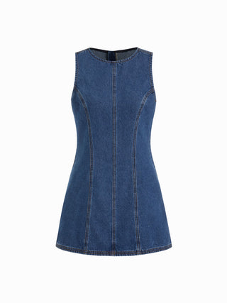 Denim Solid Zipper Sleeveless Mini Dress