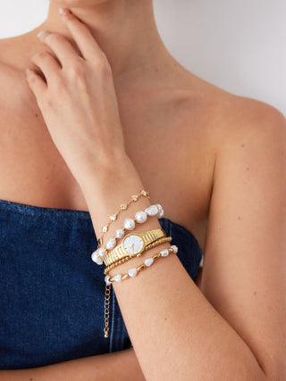 5PCS CLOCK & FAUX PEARL & HEART BEADED BRACELET