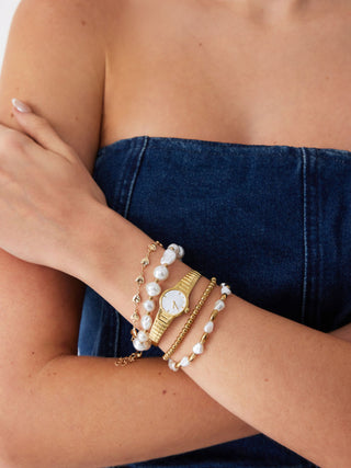 5PCS CLOCK & FAUX PEARL & HEART BEADED BRACELET