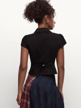 Cotton-blend Peter Pan Collar Puff Sleeve Metal Detail Double Breasted Blouse