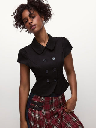 Cotton-blend Peter Pan Collar Puff Sleeve Metal Detail Double Breasted Blouse