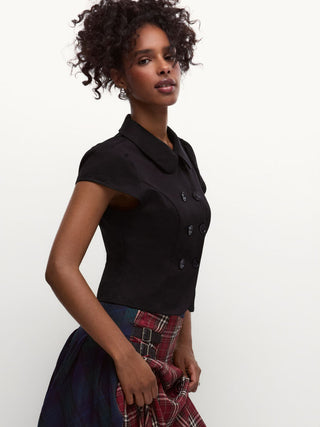 Cotton-blend Peter Pan Collar Puff Sleeve Metal Detail Double Breasted Blouse