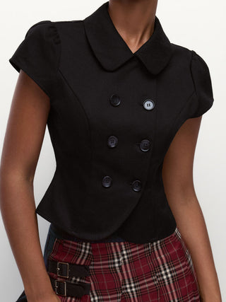 Cotton-blend Peter Pan Collar Puff Sleeve Metal Detail Double Breasted Blouse