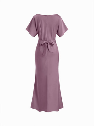 Satin Boat Neck Batwing Sleeve Bowknot Mermaid Maxi Dress