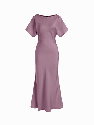 Satin Boat Neck Batwing Sleeve Bowknot Mermaid Maxi Dress