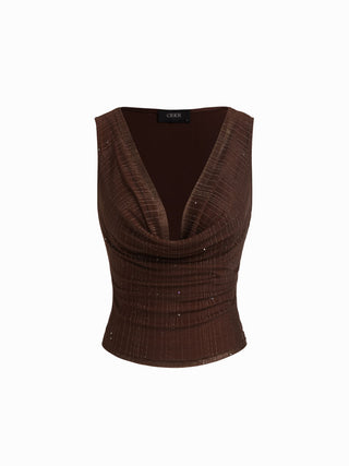 Cowl Neck Ruched Tank Top With Rhinestone