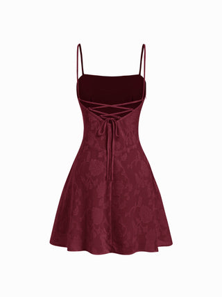 Jacquard Floral Square Neck Ruched A-line Mini Dress