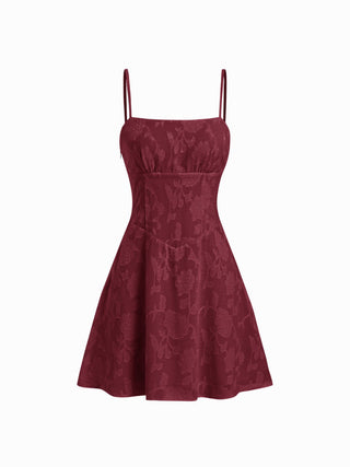 Jacquard Floral Square Neck Ruched A-line Mini Dress