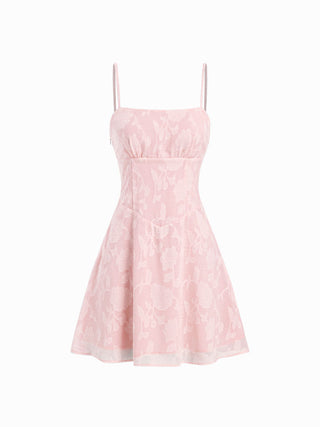 Jacquard Floral Square Neck Ruched A-line Mini Dress
