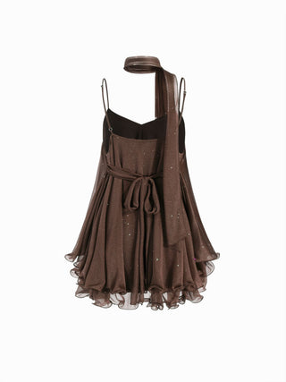 Sequin V-Neck Halter Ruffled Hem Oversized Mini Dress With Scarf