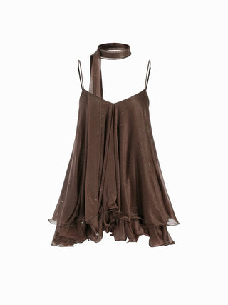 Sequin V-Neck Halter Ruffled Hem Oversized Mini Dress With Scarf