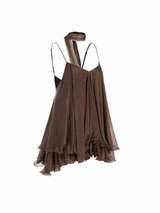 Sequin V-Neck Halter Ruffled Hem Oversized Mini Dress With Scarf