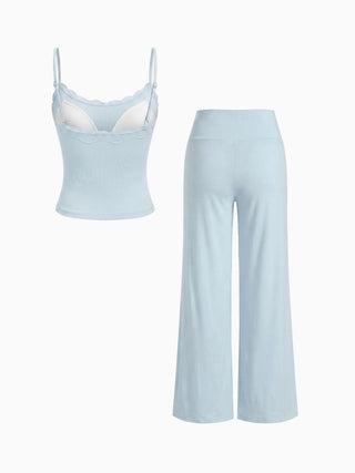 Built-in Bra Square Neck Lace Trim Cami Top & Mid Rise Straight Leg Trousers Loungewear Set