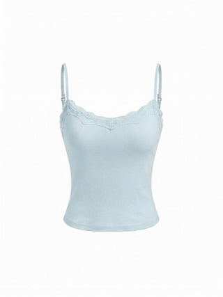 Built-in Bra Square Neck Lace Trim Cami Top & Mid Rise Straight Leg Trousers Loungewear Set