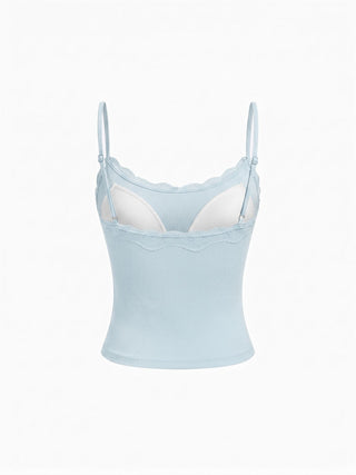 Built-in Bra Square Neck Lace Trim Cami Top & Mid Rise Straight Leg Trousers Loungewear Set