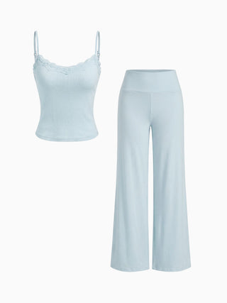 Built-in Bra Square Neck Lace Trim Cami Top & Mid Rise Straight Leg Trousers Loungewear Set