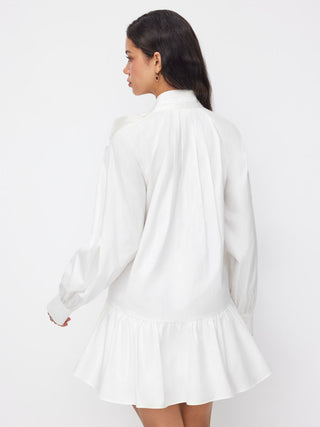 Cotton Stand Collar Lantern Sleeve Bowknot A-line Oversized Mini Dress
