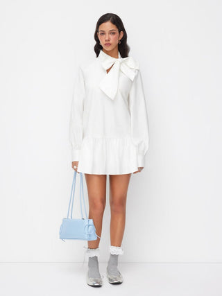 Cotton Stand Collar Lantern Sleeve Bowknot A-line Oversized Mini Dress