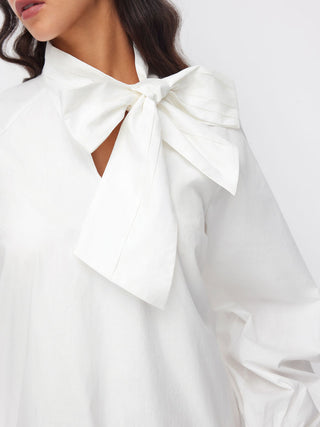 Cotton Stand Collar Lantern Sleeve Bowknot A-line Oversized Mini Dress