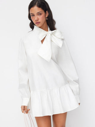 Cotton Stand Collar Lantern Sleeve Bowknot A-line Oversized Mini Dress