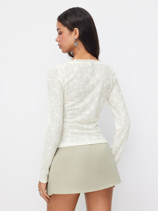 Jacquard Floral Scoop Neck Lace Trim Long Sleeve Top