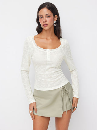 Jacquard Floral Scoop Neck Lace Trim Long Sleeve Top
