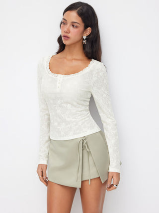 Jacquard Floral Scoop Neck Lace Trim Long Sleeve Top