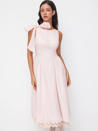 Boat Neck Bowknot Lace Trim A-line Midi Dress