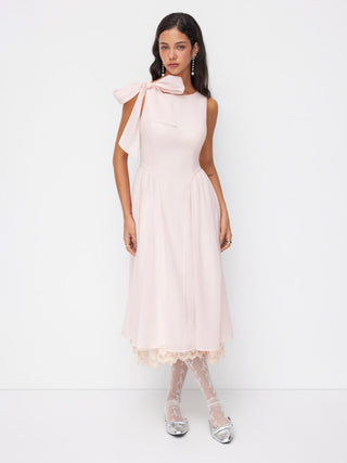 Boat Neck Bowknot Lace Trim A-line Midi Dress
