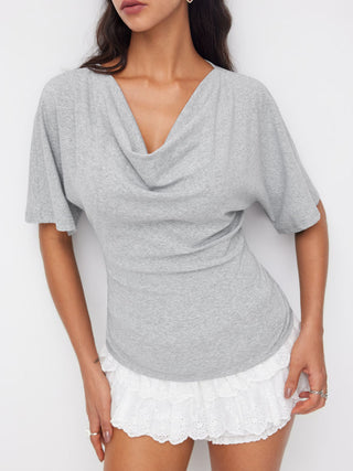 Cotton-blend Cowl Neck Short Sleeve Tee