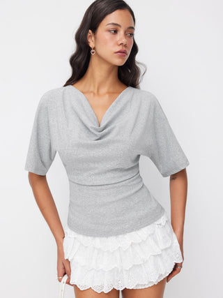 Cotton-blend Cowl Neck Short Sleeve Tee